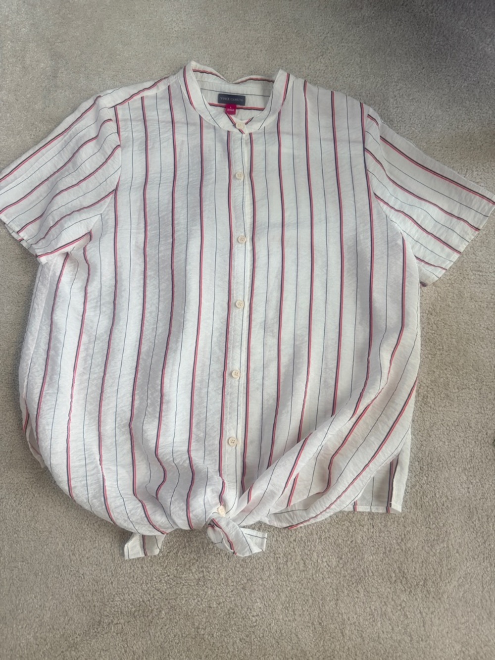 Vince Camuto L Top Red White Black Stripe Tie Front Button Down Short Sleeves